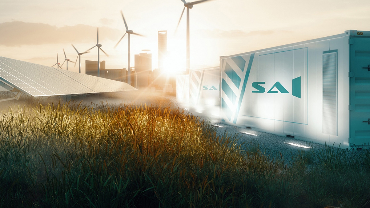 Smart grid renewable energy system solution for future smart cities at sunset. 3d rendering